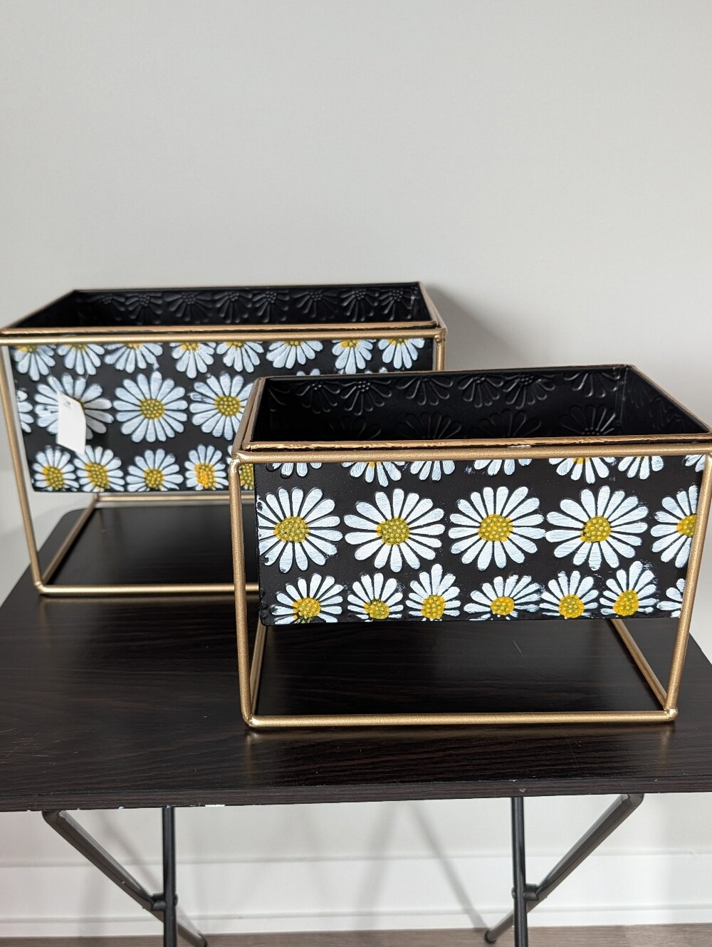 Black Daisy Print Metal Planters with Gold Frame Boho Vintage Aesthetic